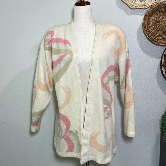 Vintage Lambswool Angora Blend Granny  Cardigan Sweater Cream Pink Peach Large - Picture 1 of 14
